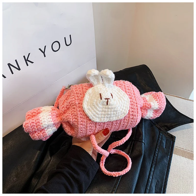 

White rabbit milk candy bag, yarn crochet knitting bag, crossbody round bucket bag, cute gift for girlfriends, women's bag