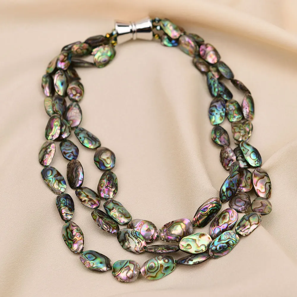 G-G 3 Rows Big Jewelry Natural Paua Abalone Shell Beads Necklace Handmade Multi Strands Necklace