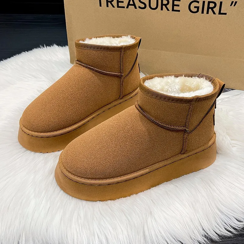 New Winter Women Short Plush Warm Snow Boots Flats Casual Shoes Suede Fur Chelsea Ankle Boots Platform Ladies Shoes Botas Mujer