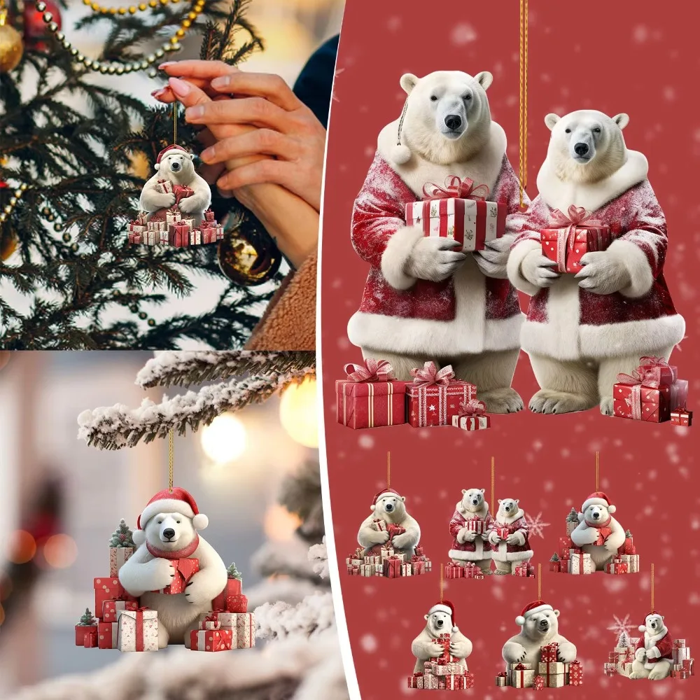 5PCS Cute Polar Bear Christmas Decorations Swing Animal Bear Delicate Hanging Pendants 2D Acrylic Party Supplies