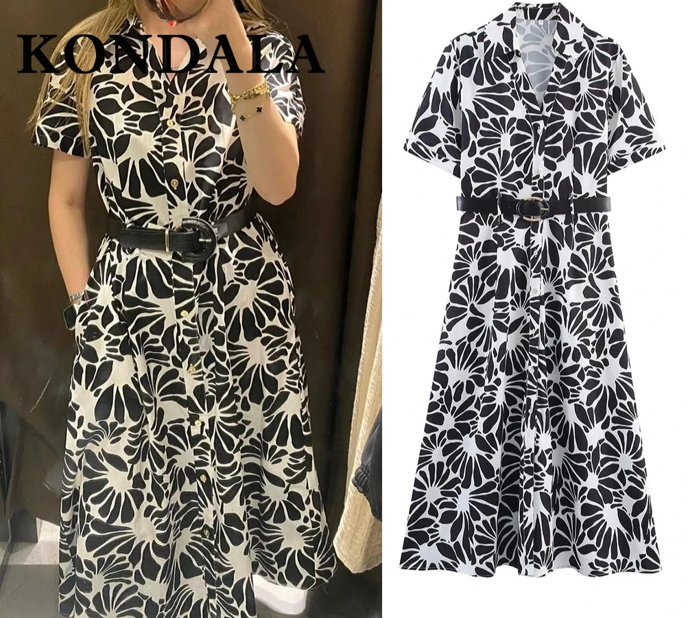 KONDALA Vintage Print Floral Elegant Belt Woman Dress Turn-down Collar Button Dress Fashion Short Sleeve Holiday Shirt Vestidos