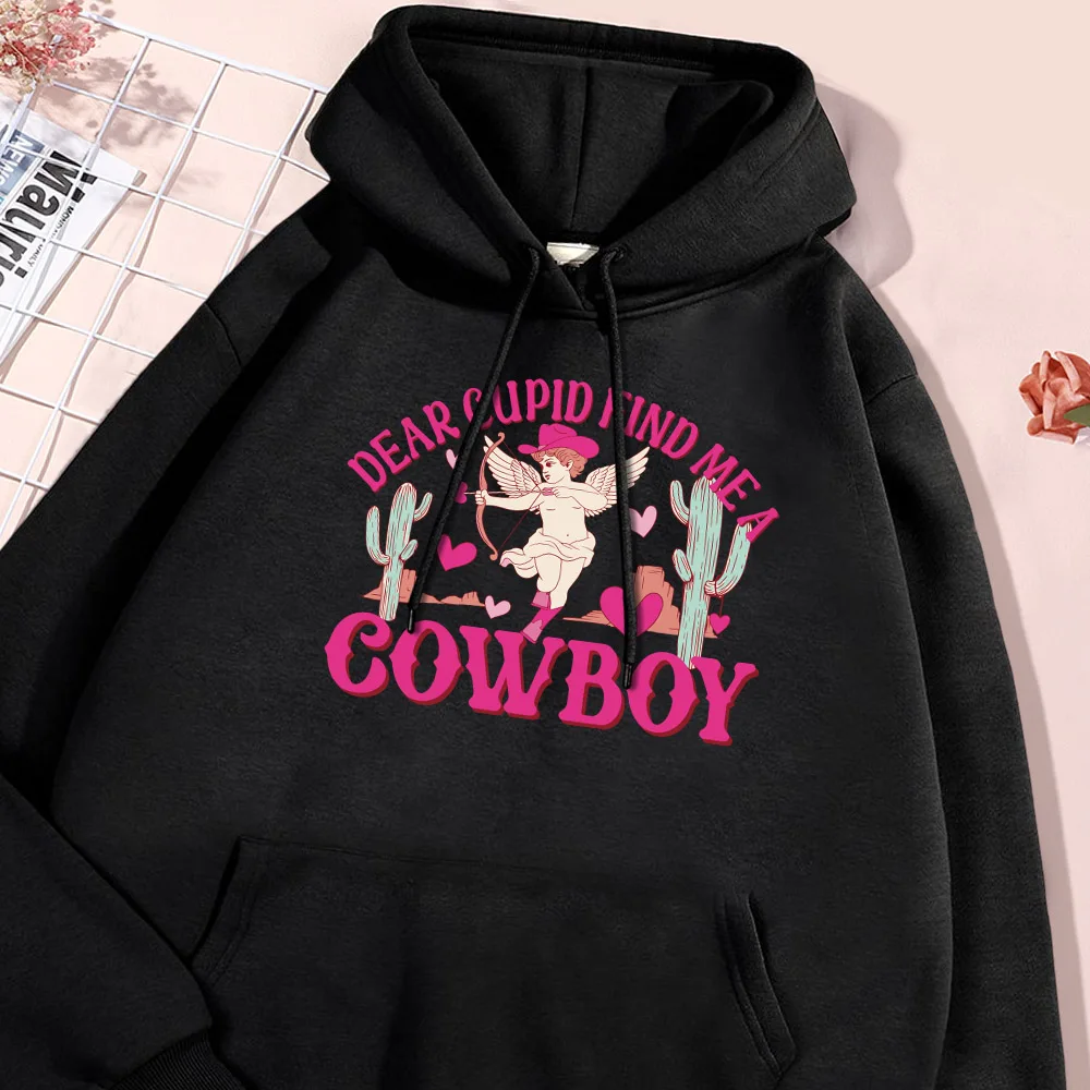 Cowboy Cupid Print Hoodie Men Fur-liner Warm Fleece Hoodies Oversize Loose Pullover Soft Comfortable Autumn Hoody Men's Clothing