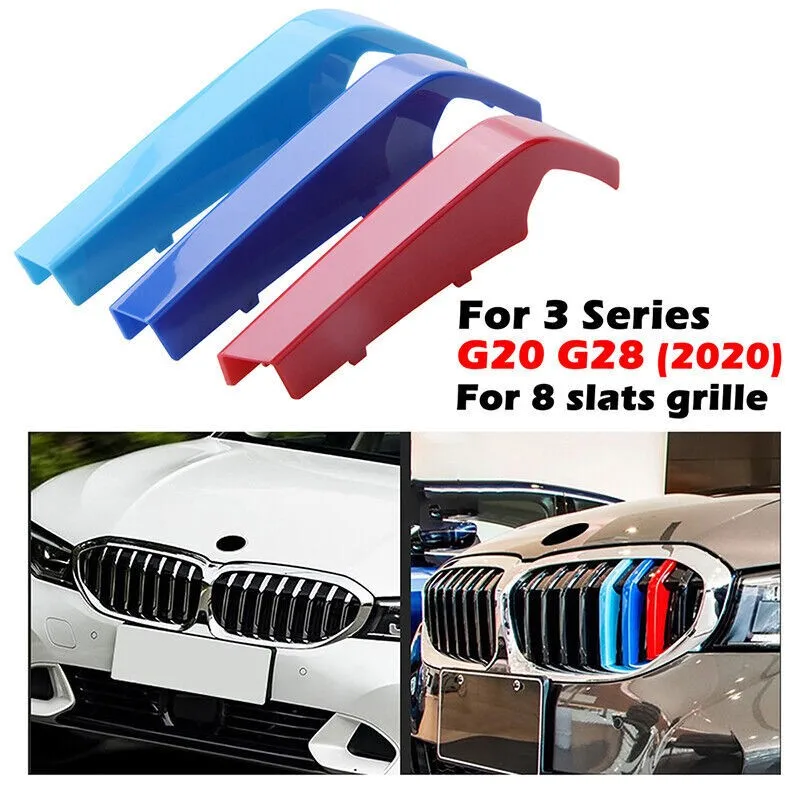 Car Front Bumper M-Power 8 BARS Kidney Grille Grill Trim 3 Color Cover Insert Clips Fits For BMW G20 2019 & Up