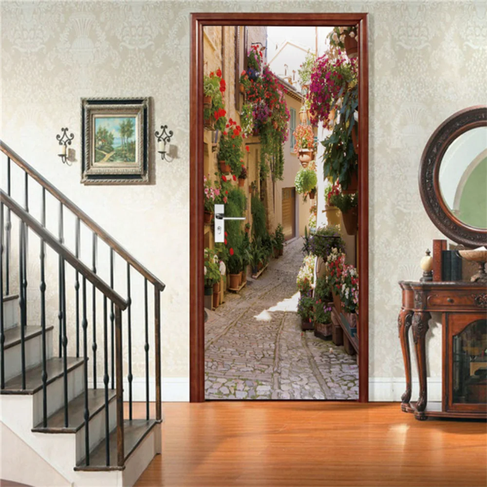 

3D Street View Door stickers City Alley flower landscape wallpaper Bedroom Living room decoration Mural PVC poster