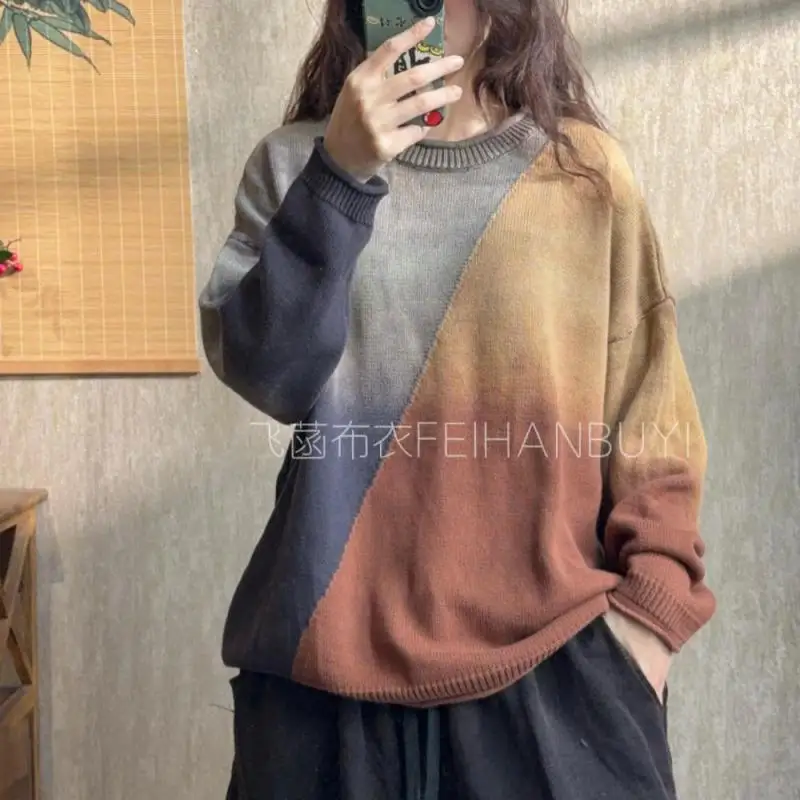 Autumn Winter Arts Style Women Long Sleeves O-neck Loose Casual Sweater Vintage Patchwork Cotton Knitting Pullover High Quality