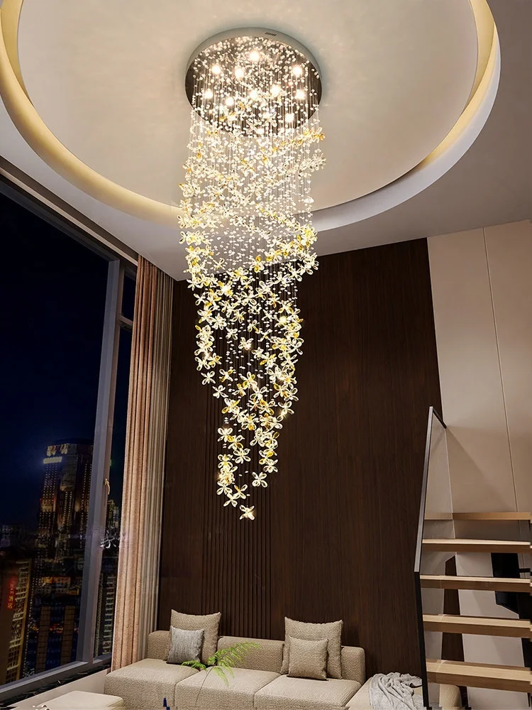 Light Luxury Led Crystal Chandelier For Home Decoration Duplex Building With Empty Stairs Villa Living Room Lighting Fixtures