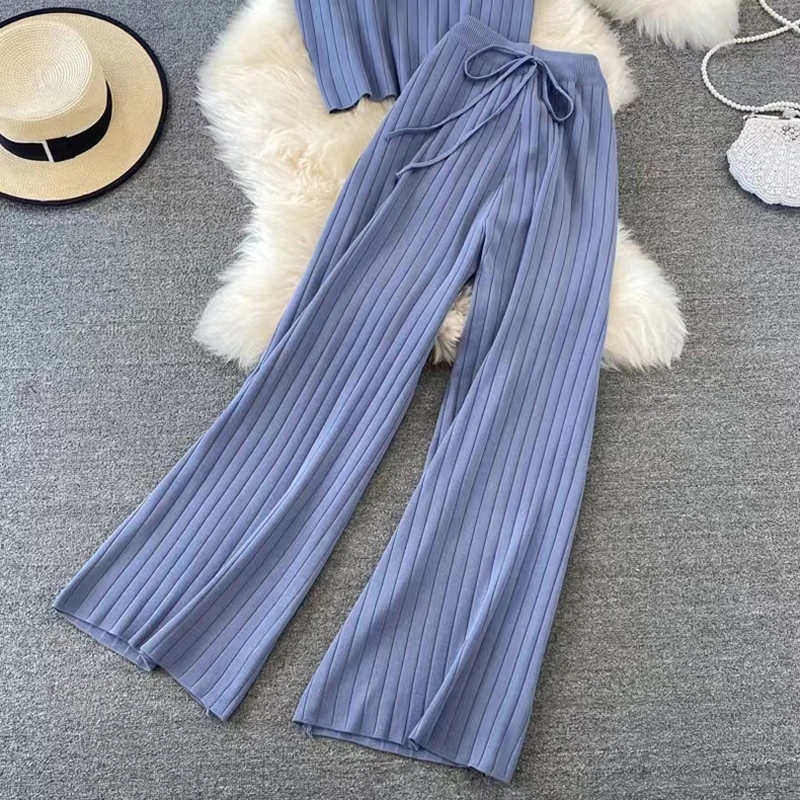 O-neck Tank Top Sleeveless Knitted Suit Two-Pieces Wide Leg Long Pant Drawstring Waist Trouser Sets Women Clothing Casual Simple