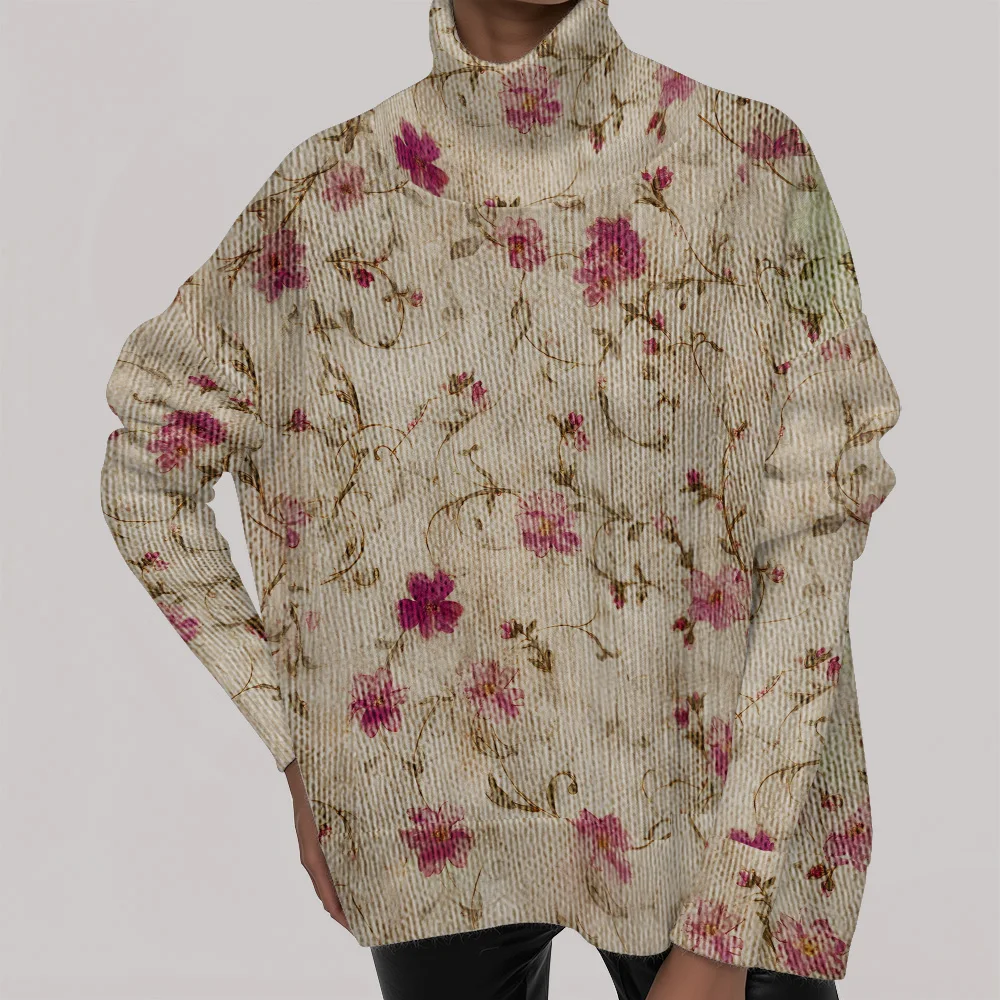 

Новинка 2023 года, женский свитер с длинными рукавами и цветочным узором, водолазка с длинными рукавами и тропическими цветочными узорами