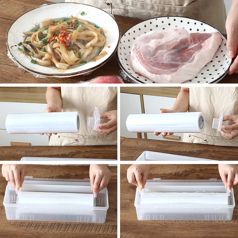 Household Reusable Food Plastic Wrap Box Dispenser With Sliding Knife Cutter Adjustable Cling Film Cutter Kitchen Tools Supplies