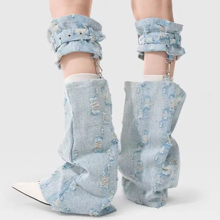 Fashion 2000s Vintage Denim Knee High Socks Y2k Girl Retro Aesthetic Pile Cuffs Women Leg Socks Jk Lolita Leggings Stockings 90s