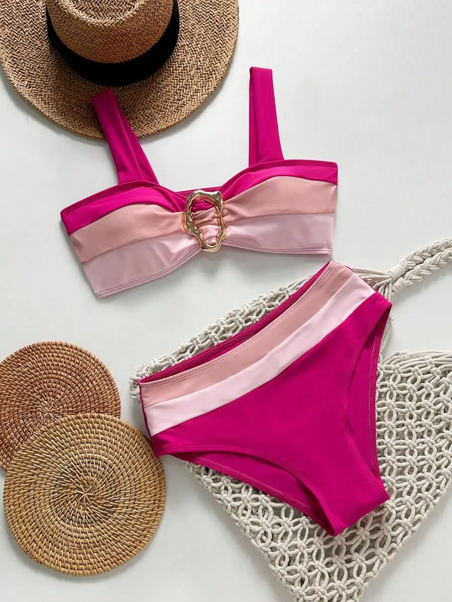 

Color Block Bikini Set With Thick Straps And High Waist Triangle Bottoms For Summer Beach