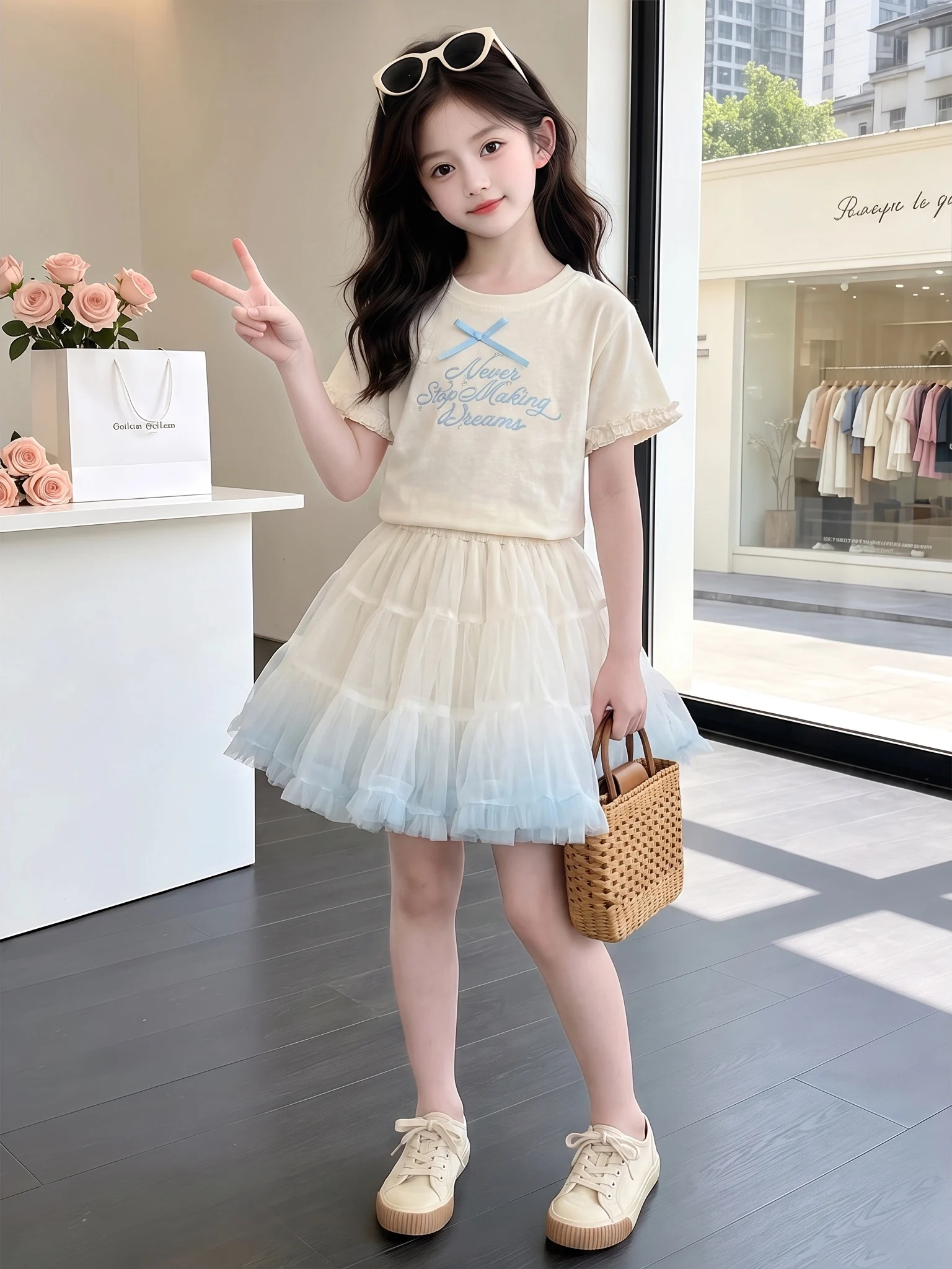 女の子夏カジュアル服スイートリボントリム半袖スカートセット2 - Summer Clothing Online のレビューと価格