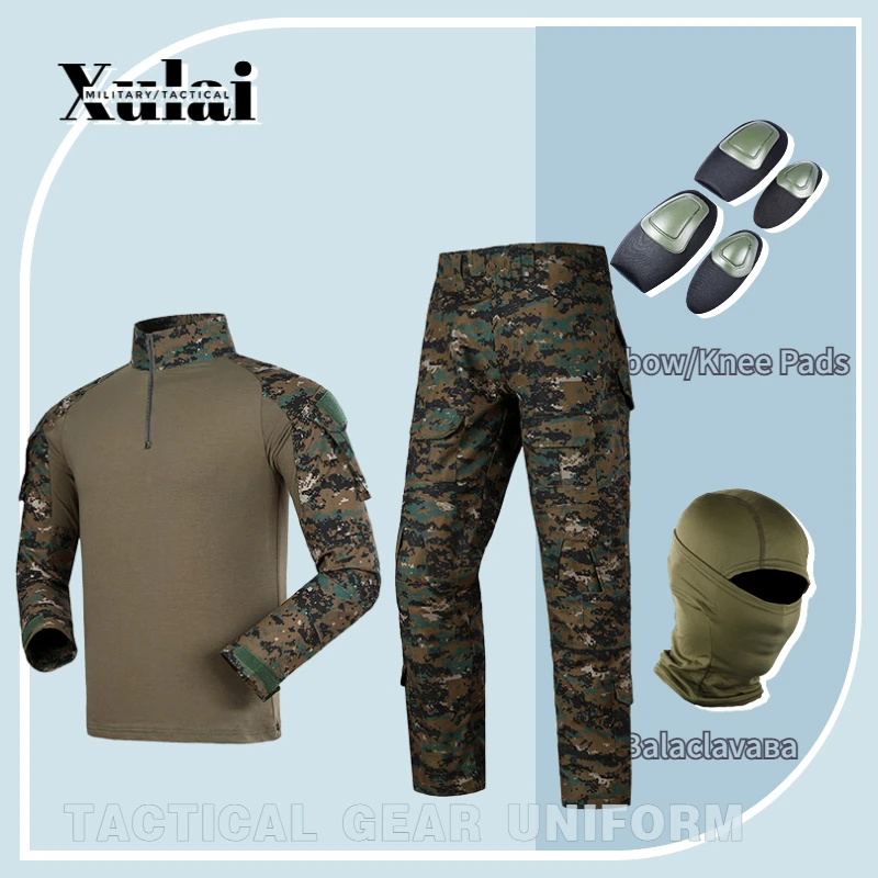 

Black Camouflage Suit Long Sleeve Short Tactical Shirt Combat Pants With Knee Pads Equipment For Men Balaclava
