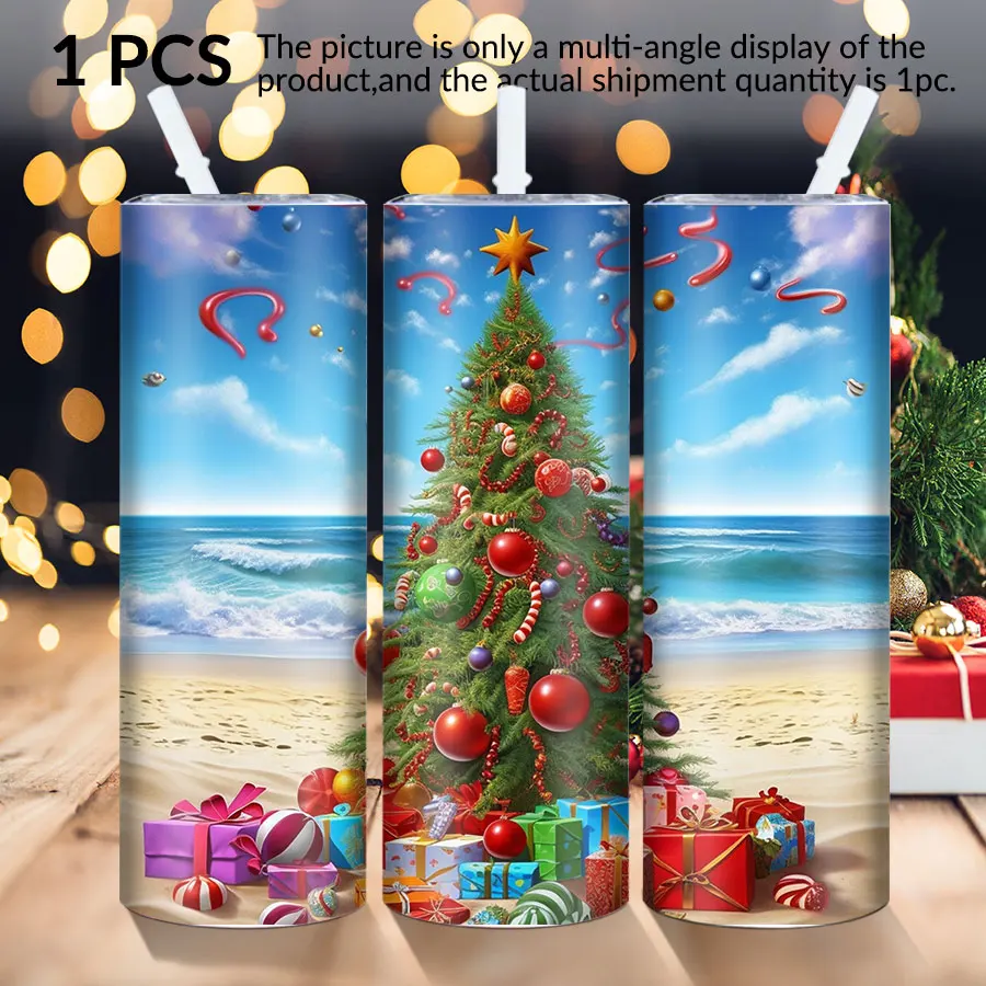 1pc 20Oz stainless steel straightcupwith straw cover beach Christmas tree elements suitable for Christmas and Halloween as gifts