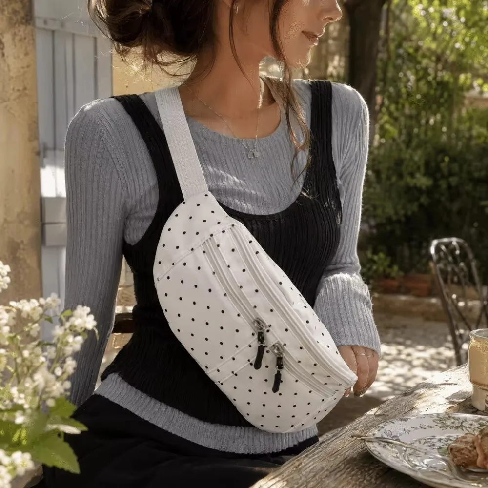 Fashion Canvas Chest Bag Multiple Pockets Polka Dot Crossbody Shoulder Bag Zipper Closure Convertible Strap Waist Bag Travel