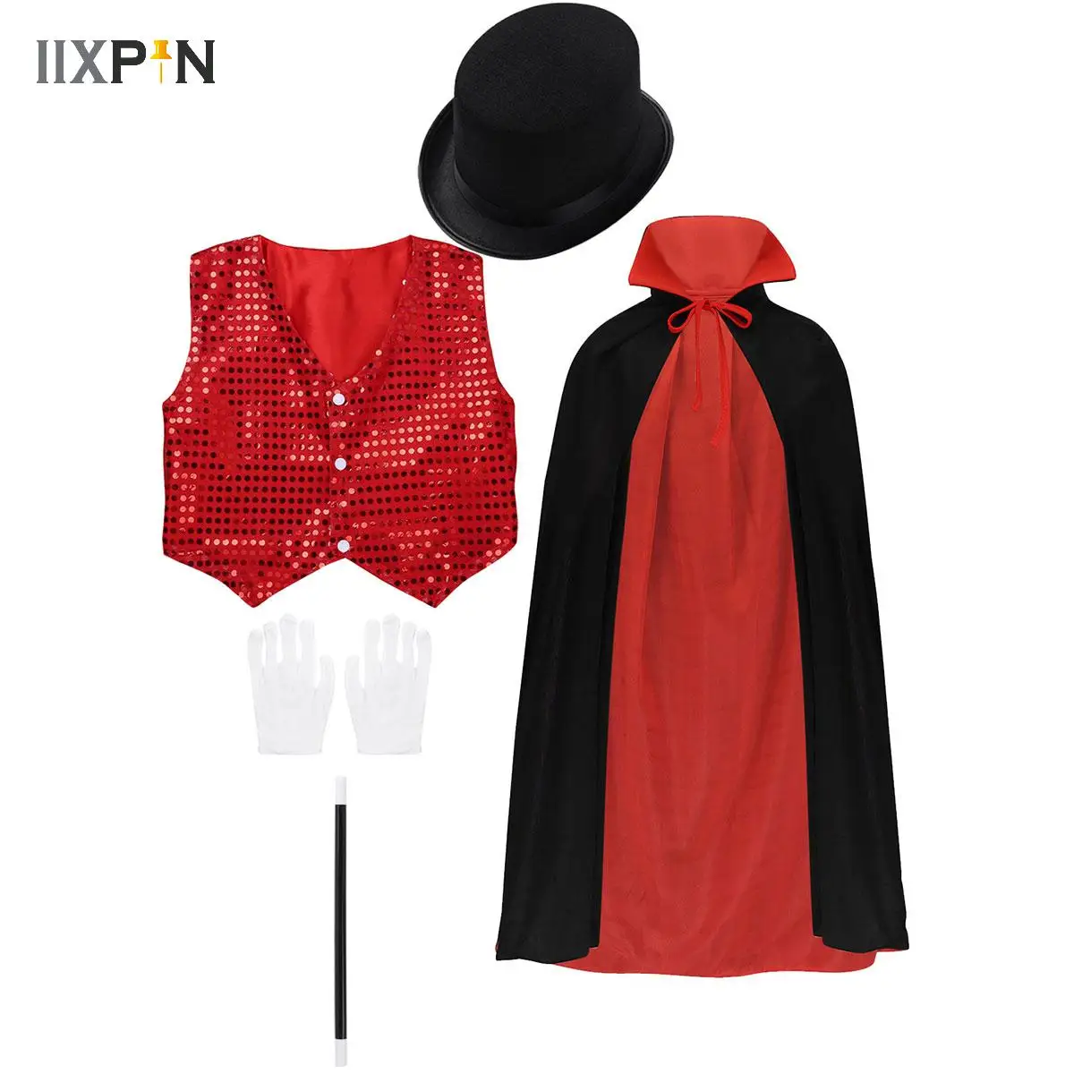 

Kids Magician Costume Outfit Waistcoat Cape Hat Magic Wand Gloves Set for Magician Role Play Choir Jazz Dance Stage Clothes Suit