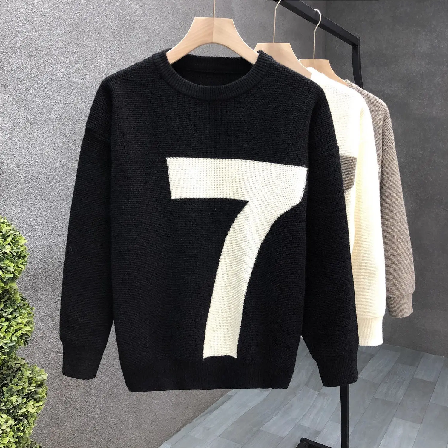 Korean Fashion Contrasting Digital Sweater Men\'s Simple and Casual Versatile Round Neck Pullover Youth Plus Size Knitted Sweater