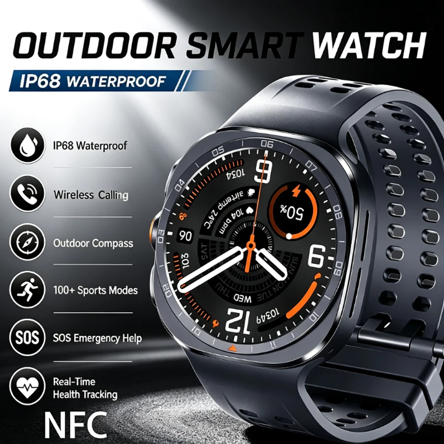 2026 W9 Men Smart Watch Multi Sport Modes Fitness Tracking Bluetooth Calling 400mAh Large Battery SOS Outdoor Compass Smartwatch