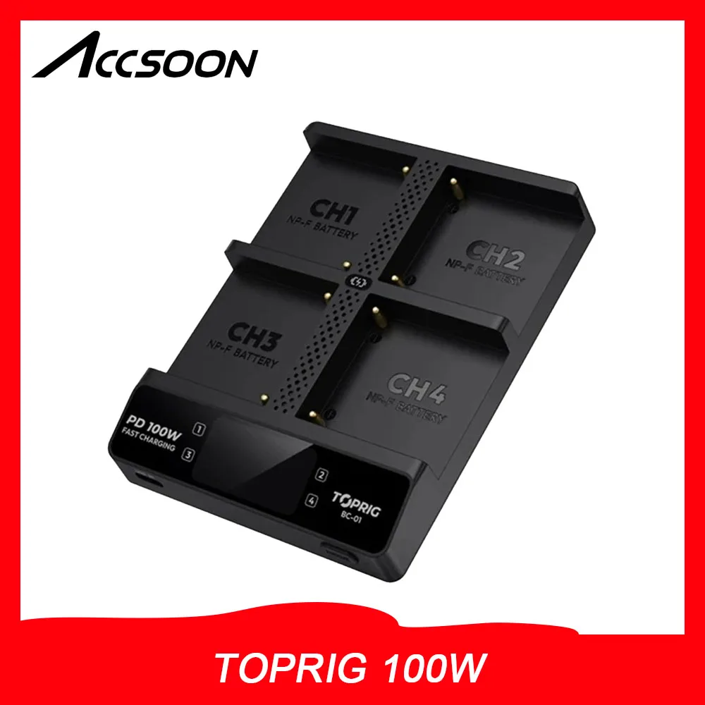 Accsoon TOPRIG 100W 4-Bay NP-F Fast Charger 4-Channel NP-F Battery Charger with LCD Display for Sony NP-F550 NP-F750 NP-F970