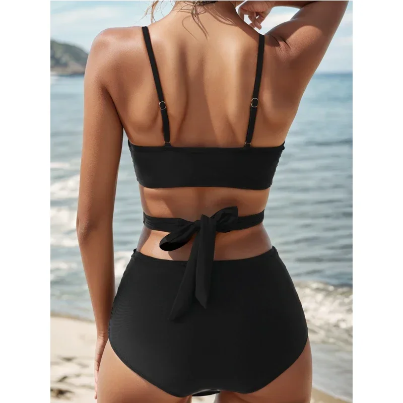 Maiô de duas peças de cor sólida para mulher, 2024 verão novo tankini de cintura alta, alça cruzada com decote em v sem costas praia maiô