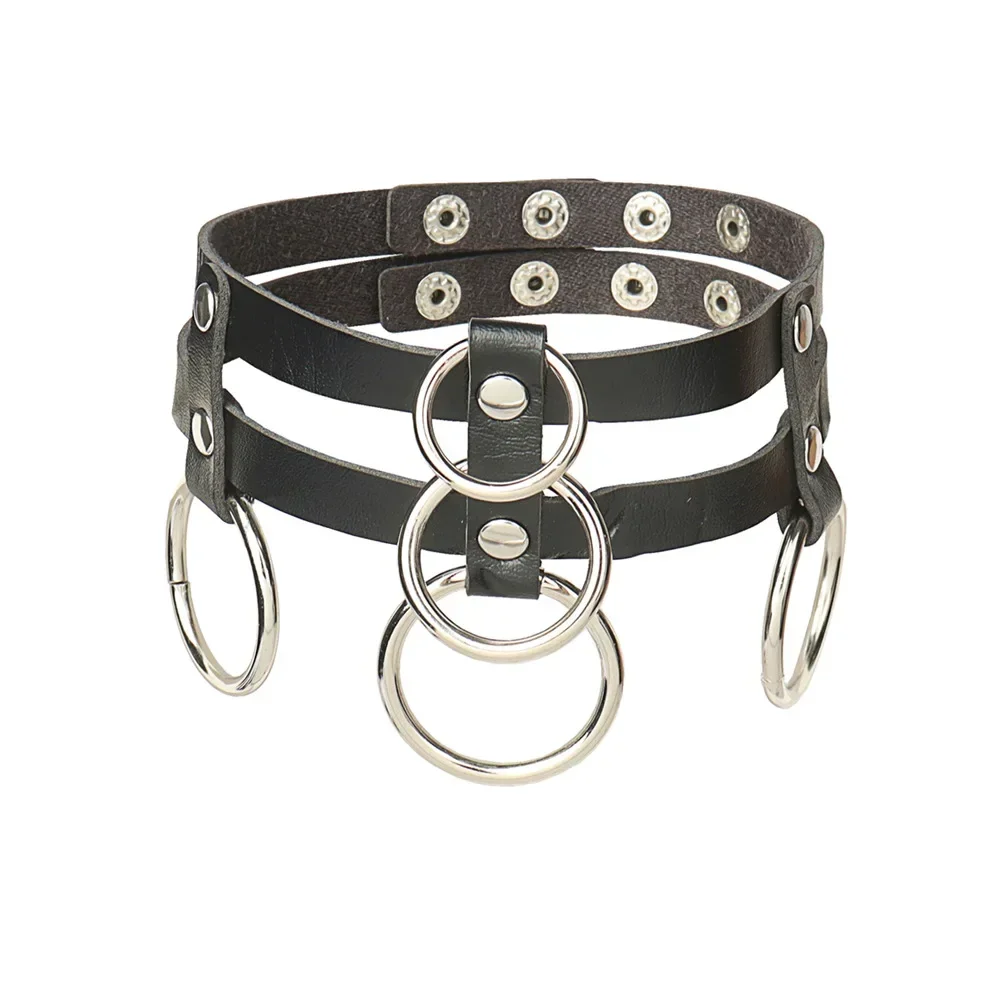 Punk Gothic Rock and roll Night club Individuality Exaggerate Hip hop Cortex Double row Ring Circle PU Leather Choker Pendant