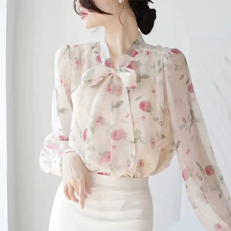 

French Style Popular Bow Tie Thin Chiffon Shirt for Women's Spring Autumn New Elegant Printed Bubble Sleeve Shirt Top ZT434