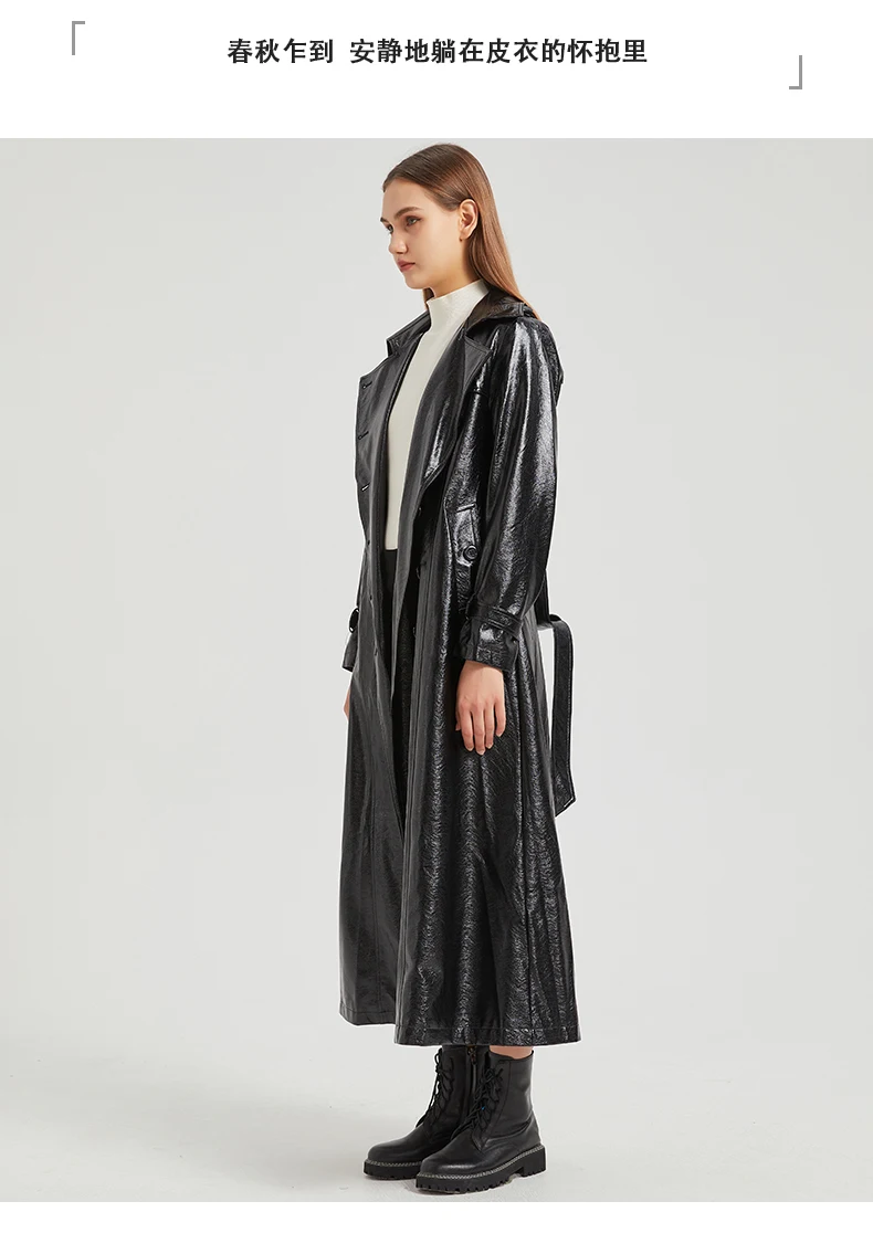 Lautaro Spring Autumn Extra Long Gold Shiny Pu Leather Trench Coat for Women Sashes Double Breasted Luxury Europe Fashion 2024