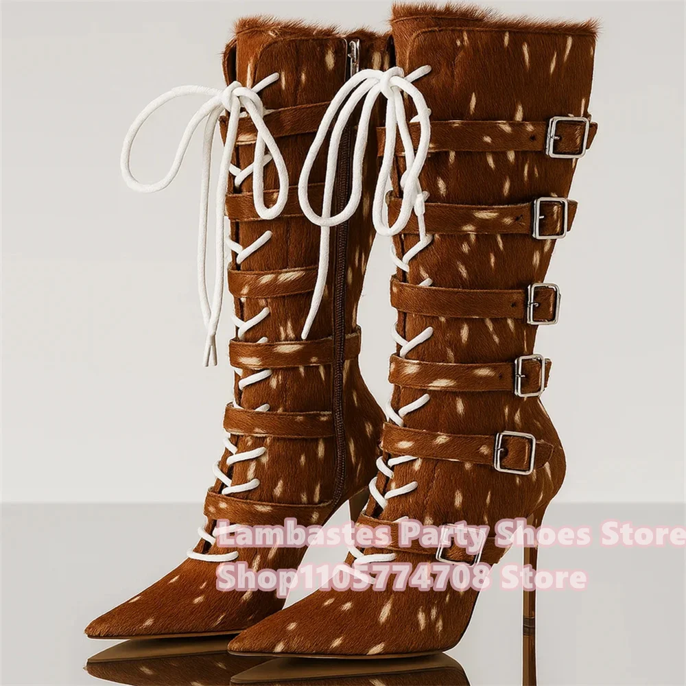 Belt Buckle Strap Fur Decor Knee High Boot Women Pointed Toe Retro Brown Leather Stiletto Heel Side Zipper Winter Long Boot