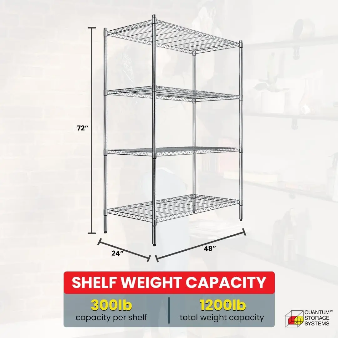 Quantum RWR72-2448LD 4-Tier Shelving Storage Rack | Adjustable Wire Shelf Organizer Unit for Warehouse Healthcare Garage | 300 l