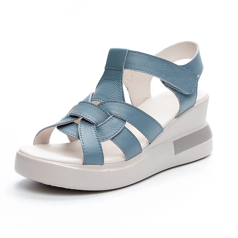 

New 6.5cm Genuine leather Women's Cross Strap Retro Sandals Soft Leather Platform Summer Thick Sole Ladies Mom sandals 34 40