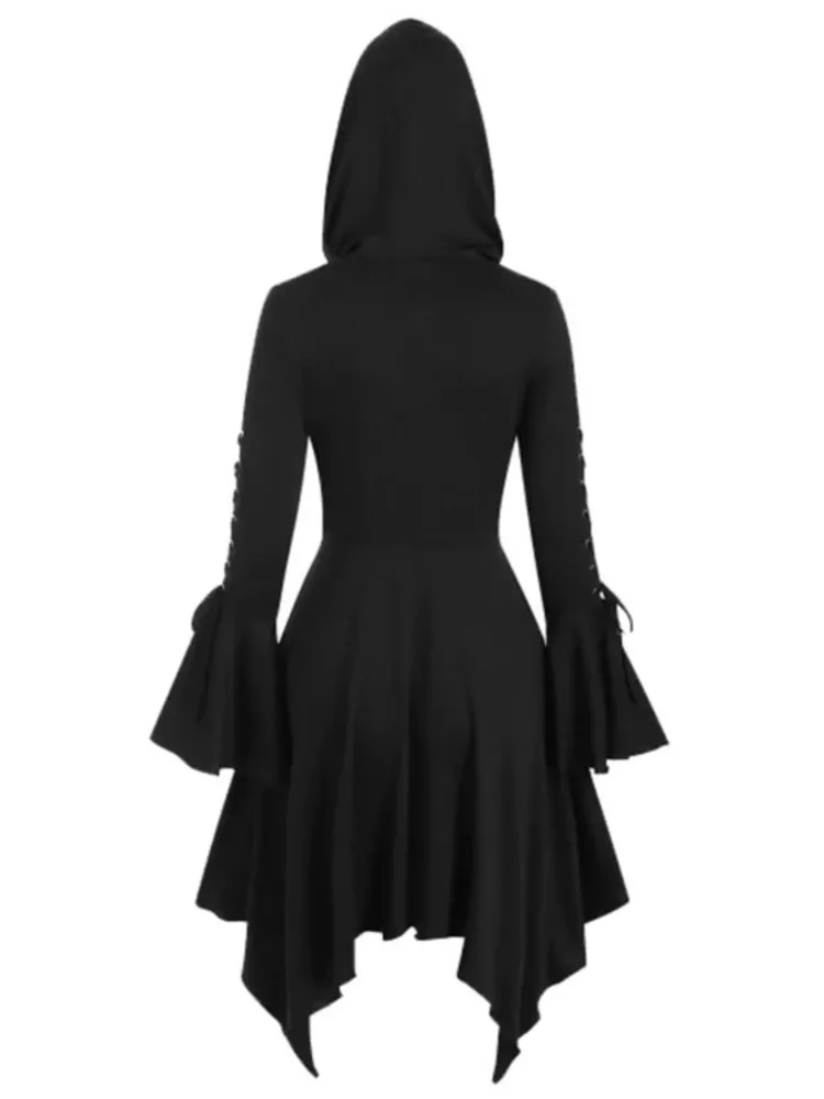 Women's Personality Street Tie Hooded Open Collar Lotus Leaf Sleeve Irregular Dress Autumn Solid Color High Waist Casual Skirt