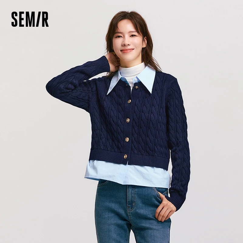 Semir Knitted Cardigan Women Contrasting Color Turn-Down Collar Cable Knit Sweater Literary Winter Fake Two-Piece Clothes