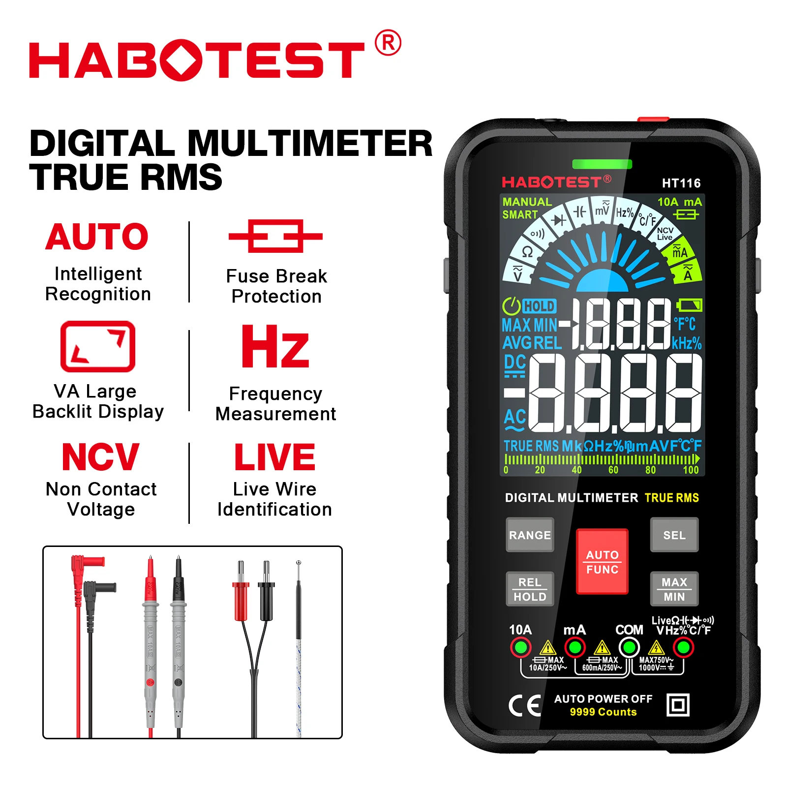 HABOTEST HT116 Digital Multimeter Smart Auto Range 1000V 10A Tester Meter Ohm Hz Capacitance REL True RMS AC DC DMM Multitester