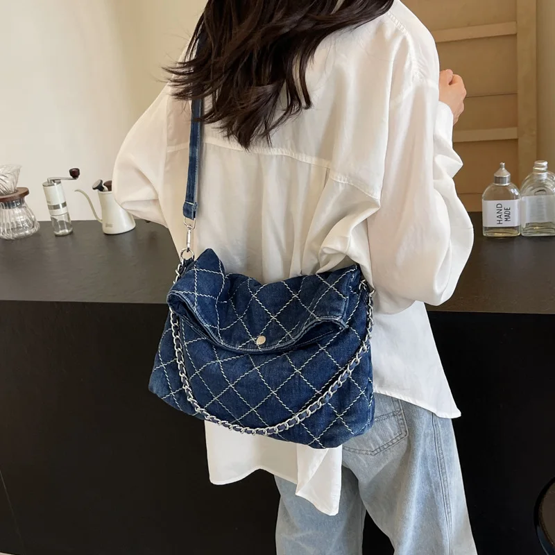 Retro Women\'s Denim Handbag 2024 Autumn New Chain Single Shoulder Bags Large Capacity Commuter Crossbody Pouch Tote Bag