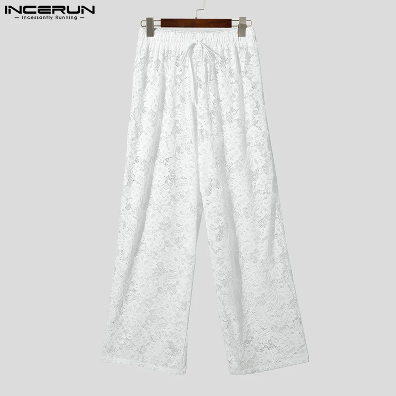 INCERUN Men Pants Lace Mesh Transparent Drawstring Joggers Sexy Male Trousers Streetwear Loose 2025 Fashion Party Pantalon S-5XL