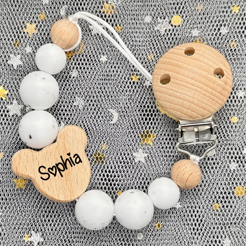 

Baby Custom Name Silicone Beads Wooden Ring Pacifier Clips silica Mouse head Teething Chains Teether Dummys Beech Clips Holders