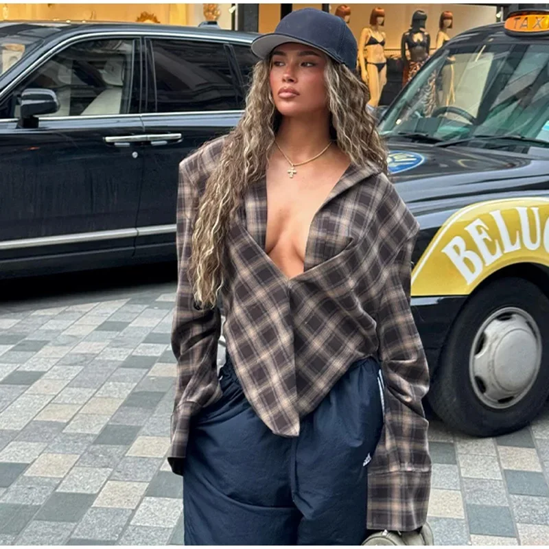 

DSMTRC Elegant Long Sleeves Deep V-neck Waist Shirts Chic Lumberjack Printed Plaid Shirt For Women's Y2K Street Autumn Lady Tops