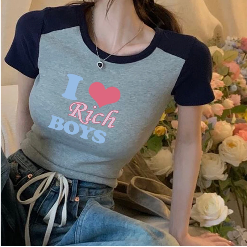 I Love Rich Boys  Women Summer Tee Grunge Crop Tops Sexy Baby Tee Printed White T-Shirt Female Crop Top Hot Girl O-Neck Short