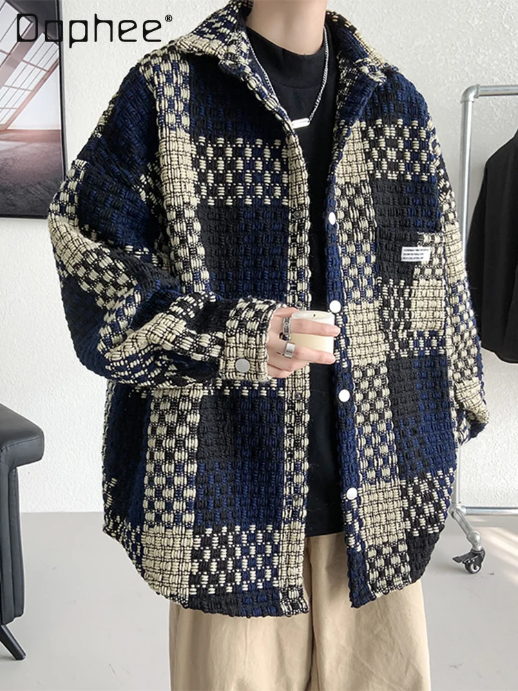 

2025 Spring and Autumn New Men's Khaki Plaid Jacket with Turn-down Collar Long Sleeve Casual Loose Gray Workwear Jacket