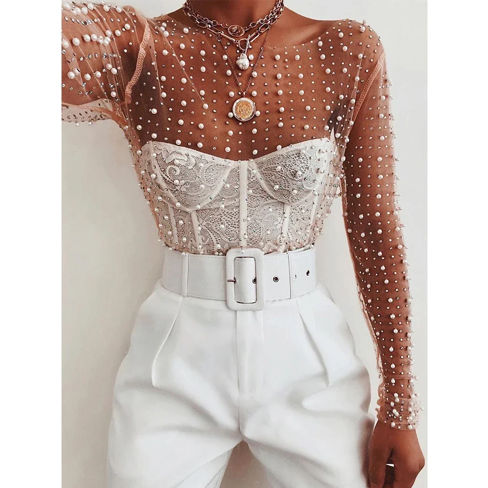 Gtpdpllt Sexy See Through T Shirt Women Mesh Patchwork Diamonds Pearl Slim T-Shirts Elegant Crop Tops Female 2023 Spring Clothes