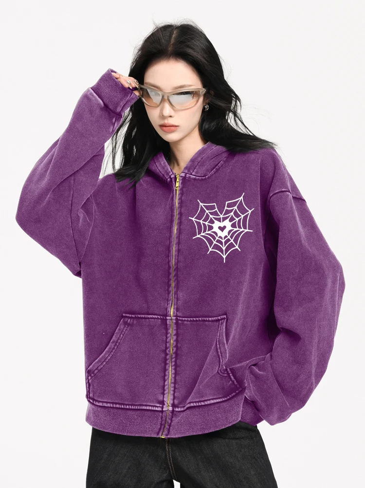 Love Spider Web Print Woman Washed Zipper Hooded Casual Oversize Streetwear Autumn Loose Hoodie Cotton Female Sportswear