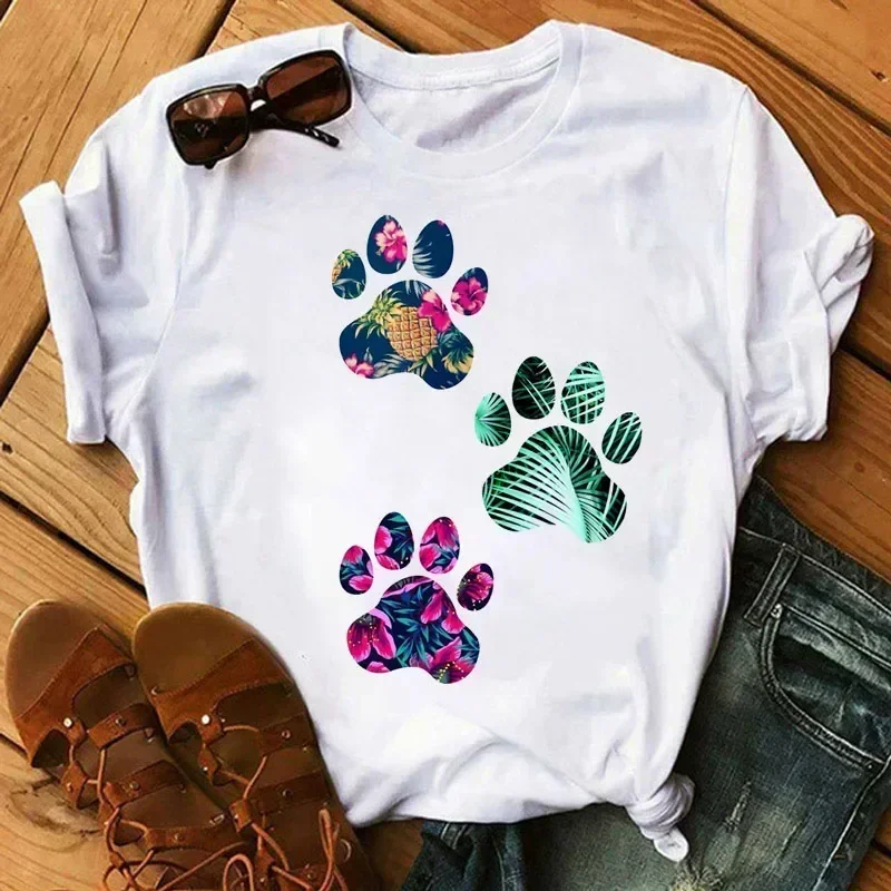 Women T Shirt Cartoon Tops Colorful Heart Dog Paw Print T-shirt Female Summer T-shirt Girls Short Sleeve Tee Black T-shirts image 5