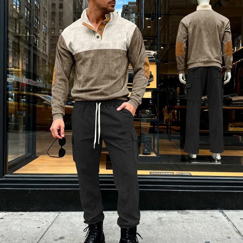 

Мужской вельветовый спортивный костюм с цветовыми блоками, комплект из 2 предметов: повседневная толстовка с воротником-стойкой и брюки карго