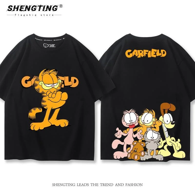 Cartoon Garfields Printed T shirt 100% Cotton Kawaii Garfields Cat Summer Tees Men Women Oversized Loose White Streetwear Tops