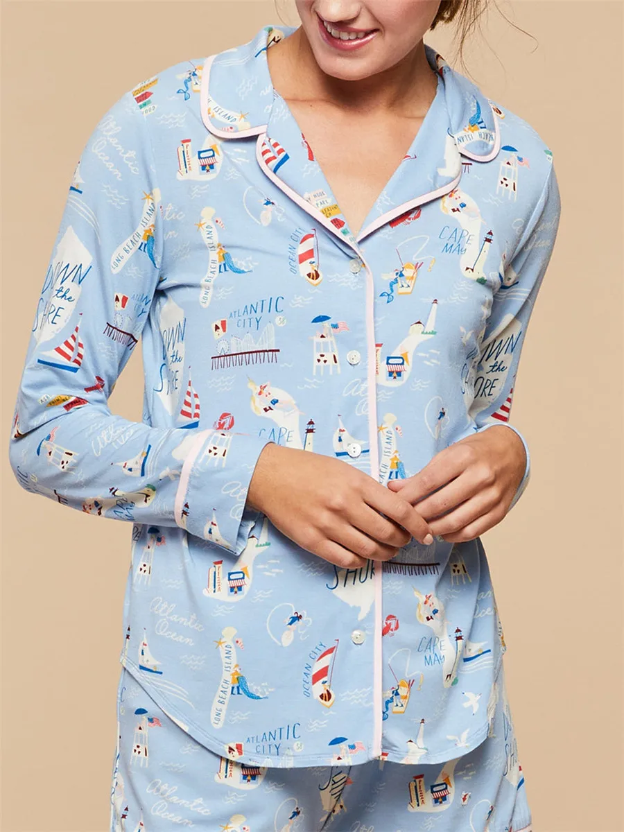 Women’s 2 Piece Pajama Sets Prints Summer Shorts Outfits Long Sleeve Lapel Button Up Tops+Drawstring Shorts Lounge Set Sleepwear