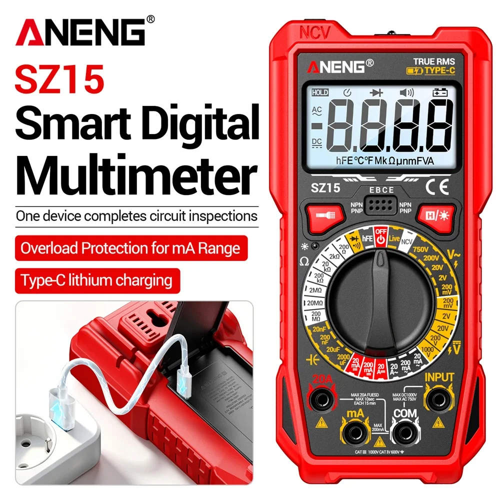 ANENG SZ15 Digital Multimeter Rechargeable 2000 Counts DC/AC Voltage Current Resistance Capacitance NCV Tester Diode hFE Test