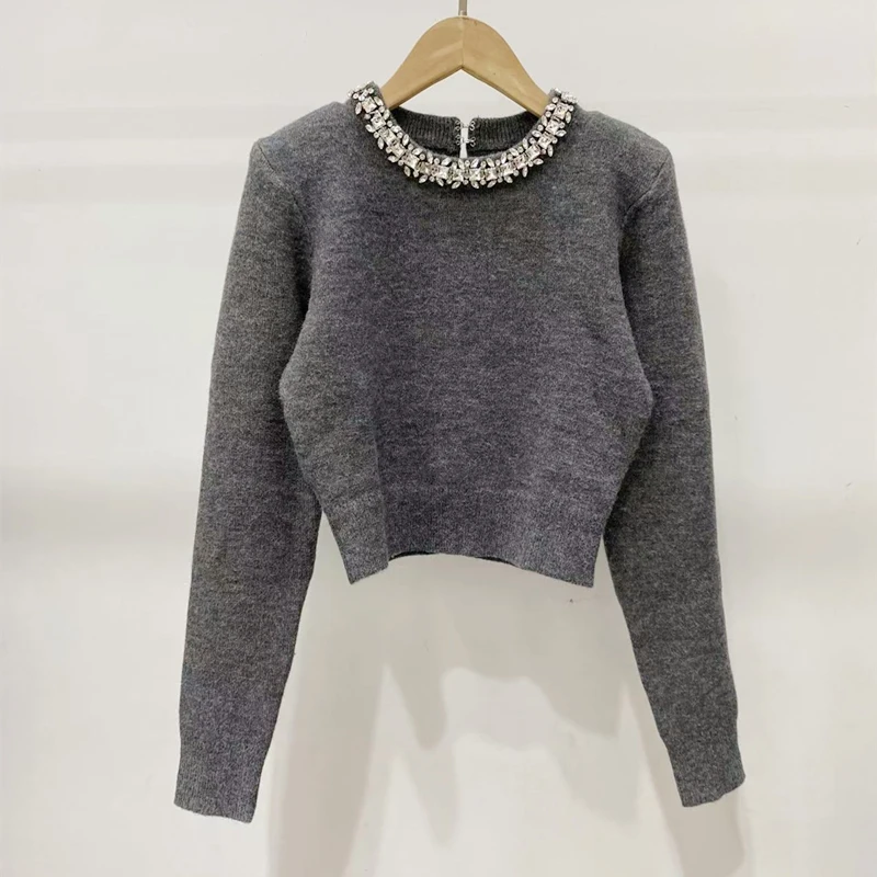 2025 primavera nuevo cuello redondo diamantes adornados de punto mujeres suéter de manga larga prendas de punto señora Tops