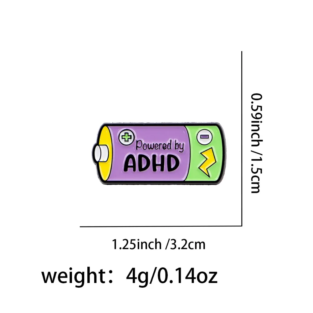 Powered By ADHD Battery Shape Enamel Pin Funny Quote Lapel Pins Brooch Badge for Backpack Jacket Hat Decorative Jewelry Gift