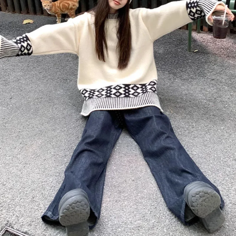 Jacquard Pullover Contrasting Color Sweater for Women's Autumn and Winter New Style Lazy Design Knitted Sweater