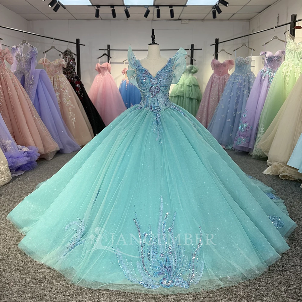 

Customized Blue Ball Gown 15 Year Old Quinnceanera Dresses V-neck Girls Prom Party Court Train vestidos de 15 quinceañeras